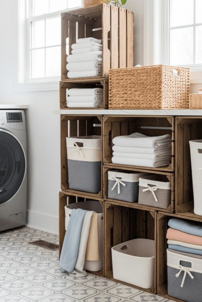 A laundry station made of stacked wooden crates holding laundry baskets and folded linens in a bright laundry room.