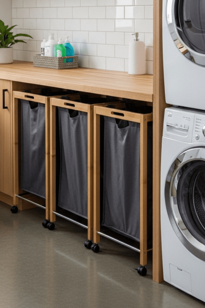 A tidy laundry room with slim rolling hampers sliding under a countertop and desk, keeping the space organized and clutter-free.