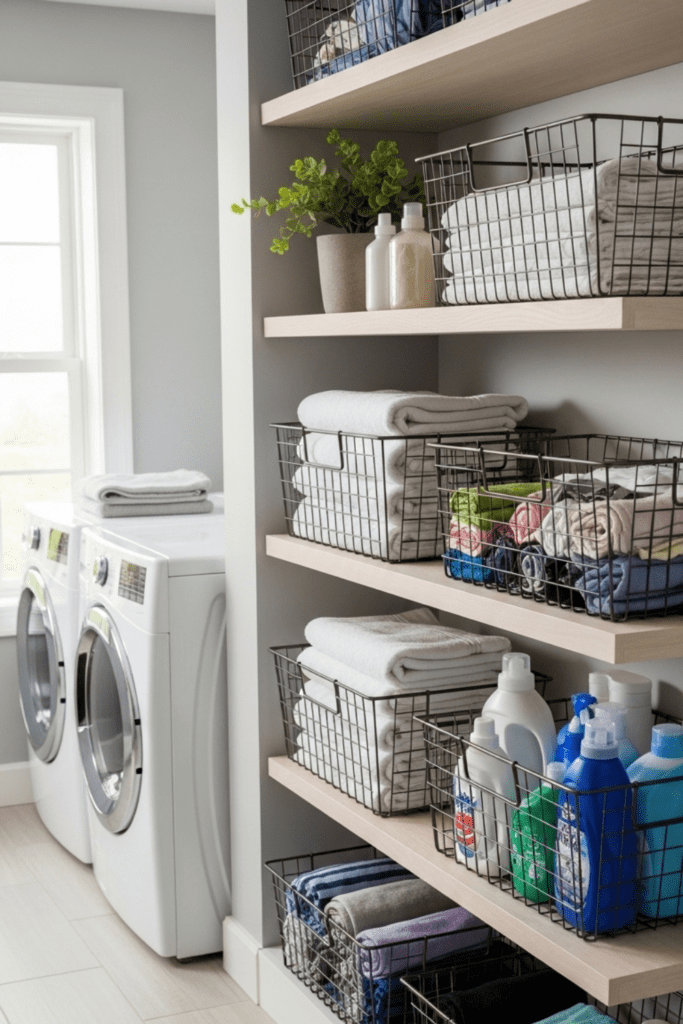 Metal wire baskets arranged in a clean laundry room holding clothes and laundry items.