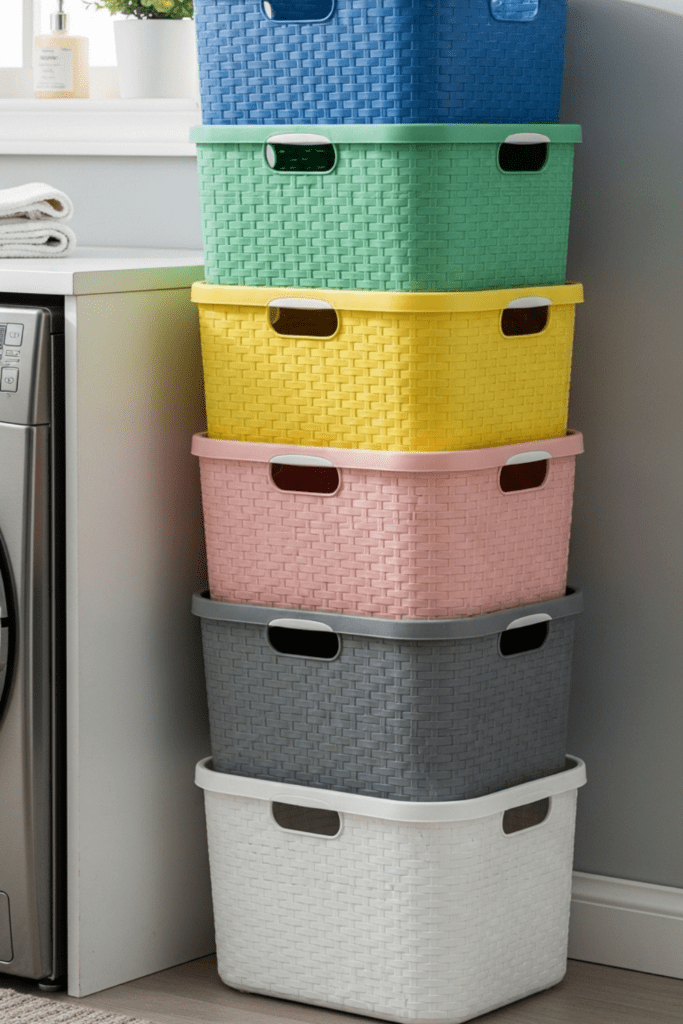 Stacked plastic laundry baskets with ventilated sides in a clean and organized laundry room.