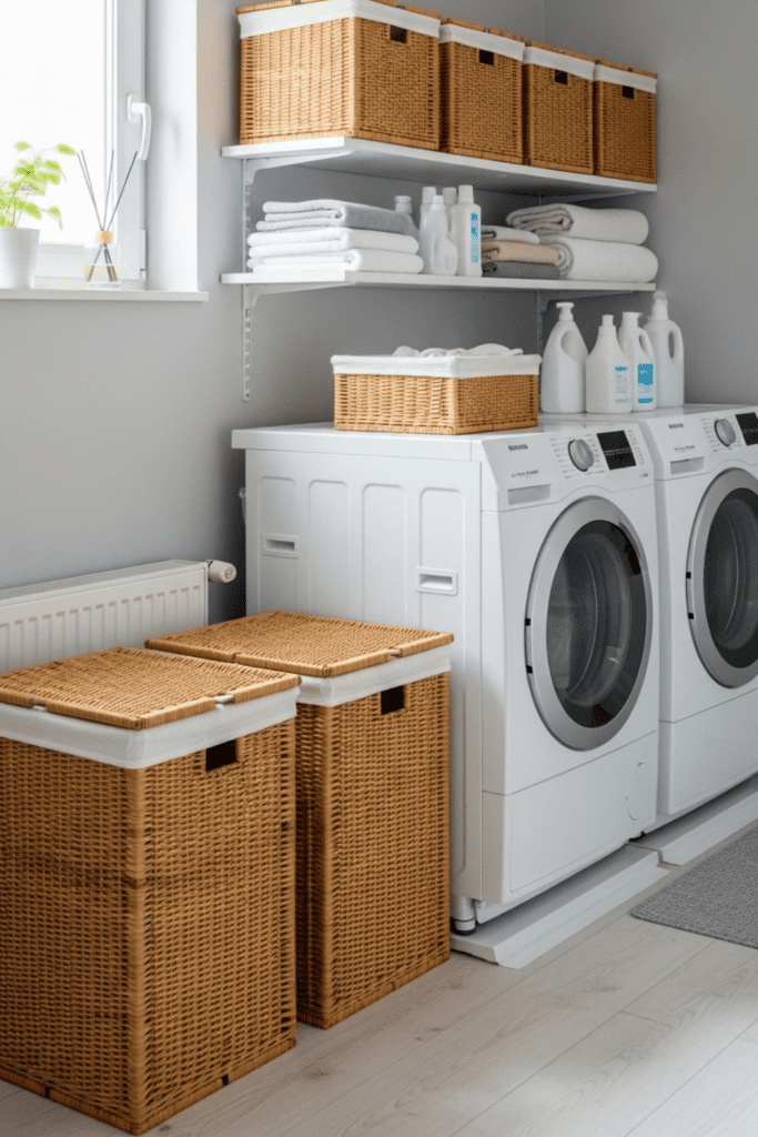 A laundry room with multiple lidded wicker hampers arranged neatly on the floor and shelves.