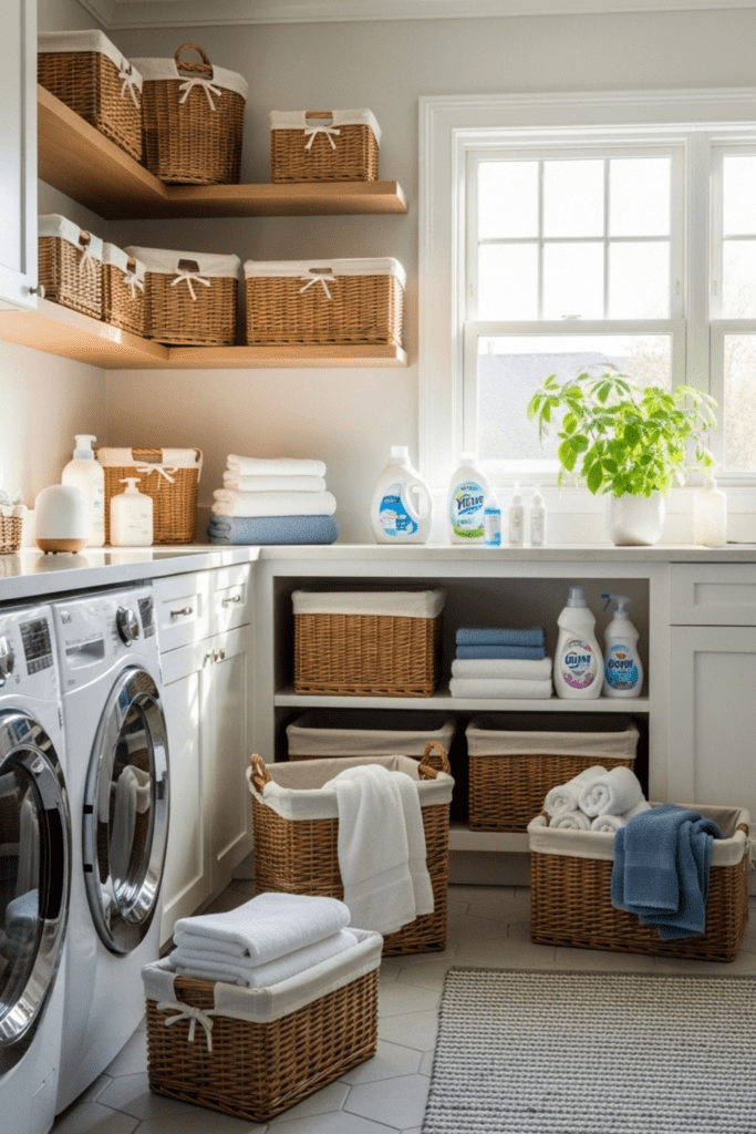 A bright laundry room with multiple fabric-covered wicker baskets arranged on shelves and the floor, surrounded by folded towels and laundry supplies.