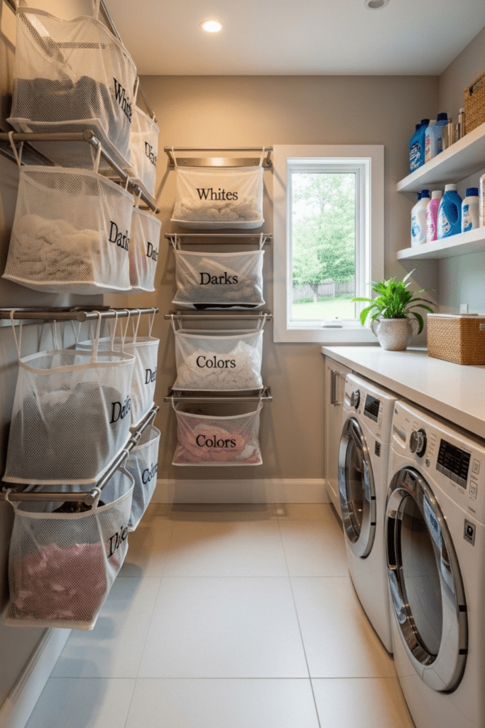 Laundry room with multiple hanging mesh laundry bags used for sorting clothes and saving floor space.