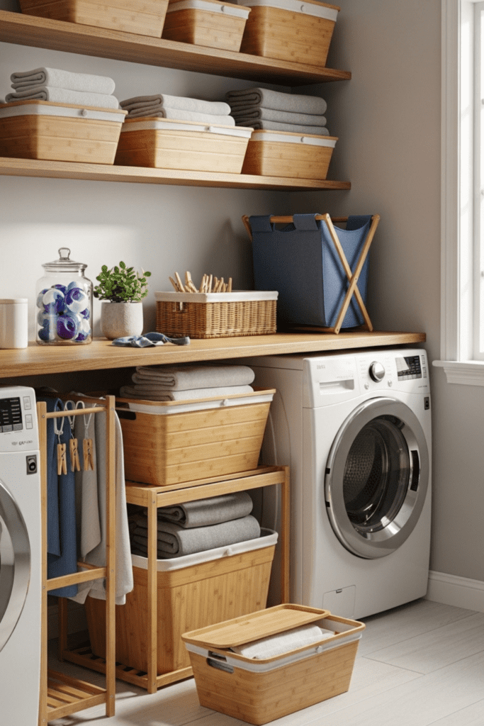 A laundry room with several foldable bamboo baskets arranged on shelves and the floor, surrounded by laundry items.
