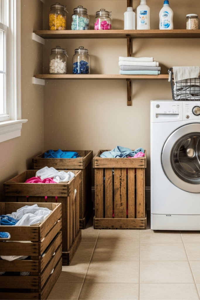 Laundry room with vintage wooden milk crates used as laundry baskets filled with clothes, next to a washing machine and shelves with laundry supplies.
