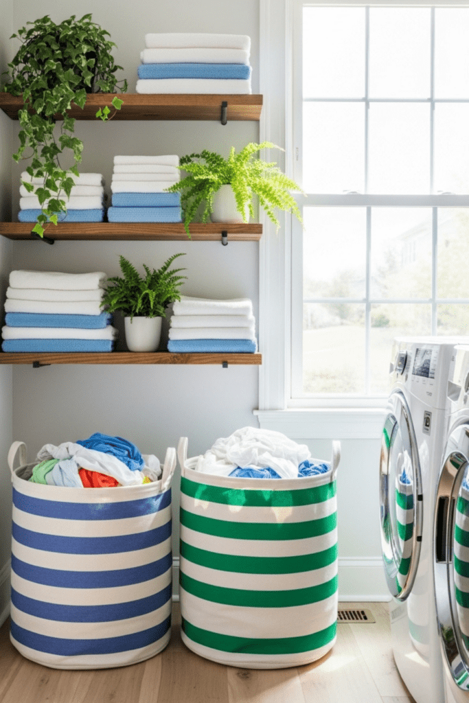 Laundry room with vintage wooden milk crates used as laundry baskets filled with clothes, next to a washing machine and shelves with laundry supplies.