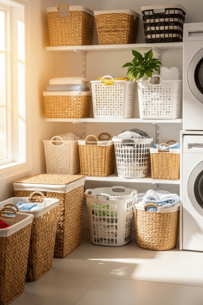 A bright laundry room with 15 different laundry baskets featuring built-in handles, some filled with clothes and others empty, arranged neatly on shelves and the floor.