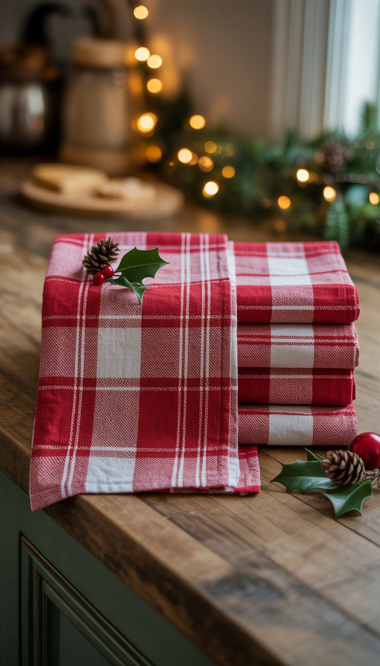 A set of red and white plaid kitchen towels arranged on a wooden countertop with festive holiday decorations in the background.