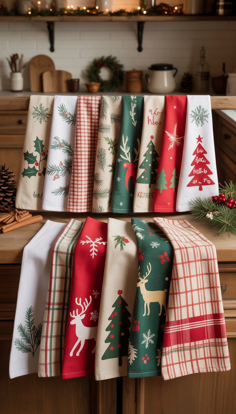 A collection of Christmas-themed kitchen towels with festive prints displayed on a wooden countertop and hanging hooks in a cozy kitchen setting.