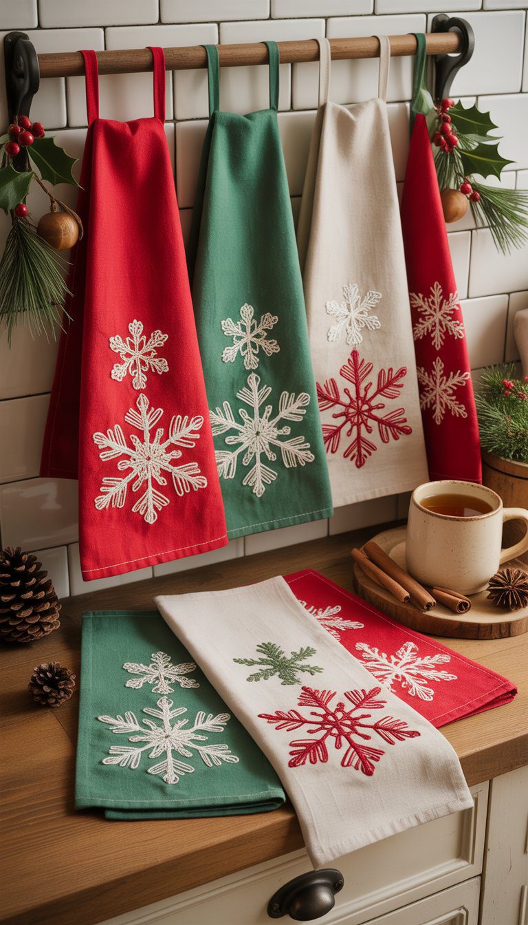 A collection of hand-sewn Christmas tea towels with snowflake designs displayed in a kitchen with festive decorations.