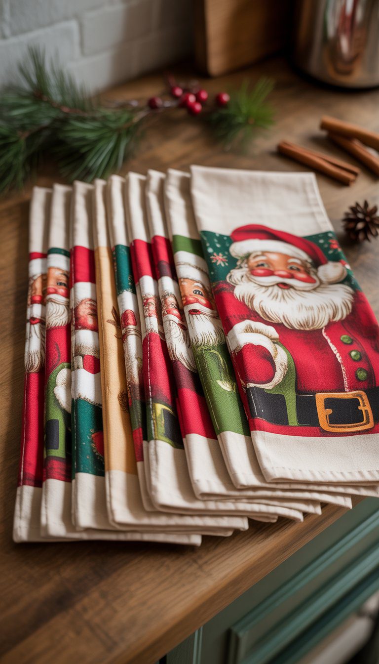 A set of cotton kitchen towels with vintage Santa Claus prints arranged on a wooden countertop with holiday decorations.