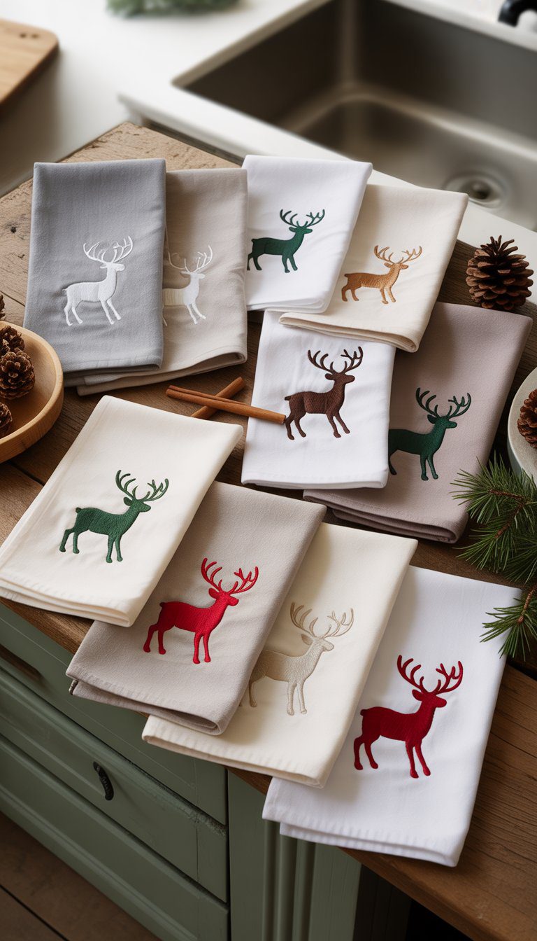 A collection of kitchen dish towels embroidered with reindeer silhouettes arranged on a wooden surface with holiday decorations.