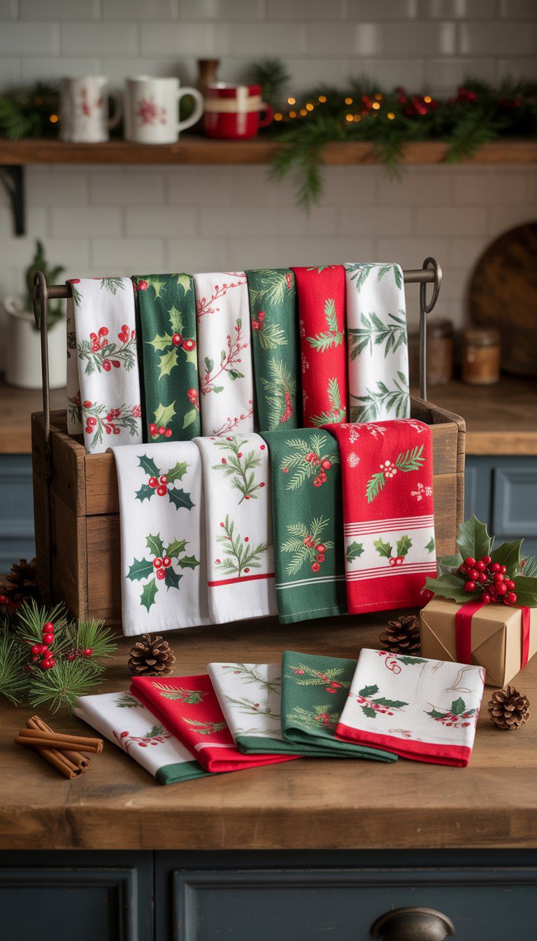 A set of Christmas kitchen towels with holly and berry patterns displayed on a wooden countertop with holiday decorations around them.