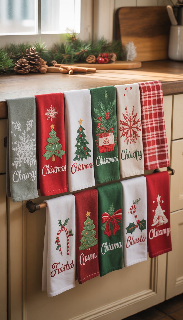 A kitchen with fifteen Christmas-themed towels hanging and draped, each with different festive patterns and family names embroidered, surrounded by holiday decorations.