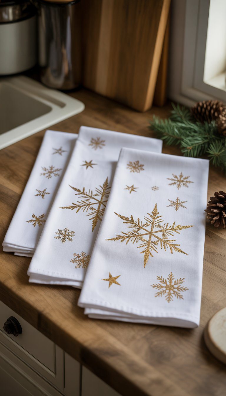 White kitchen towels decorated with gold stars and snowflakes arranged on a wooden countertop with holiday decorations in the background.