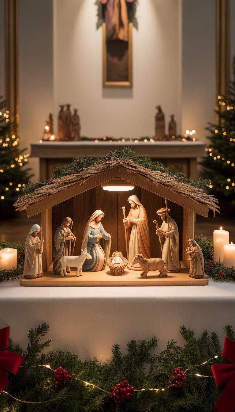 Wooden nativity scene with figures of Mary, Joseph, baby Jesus, wise men, shepherds, and animals displayed on a decorated church stage.