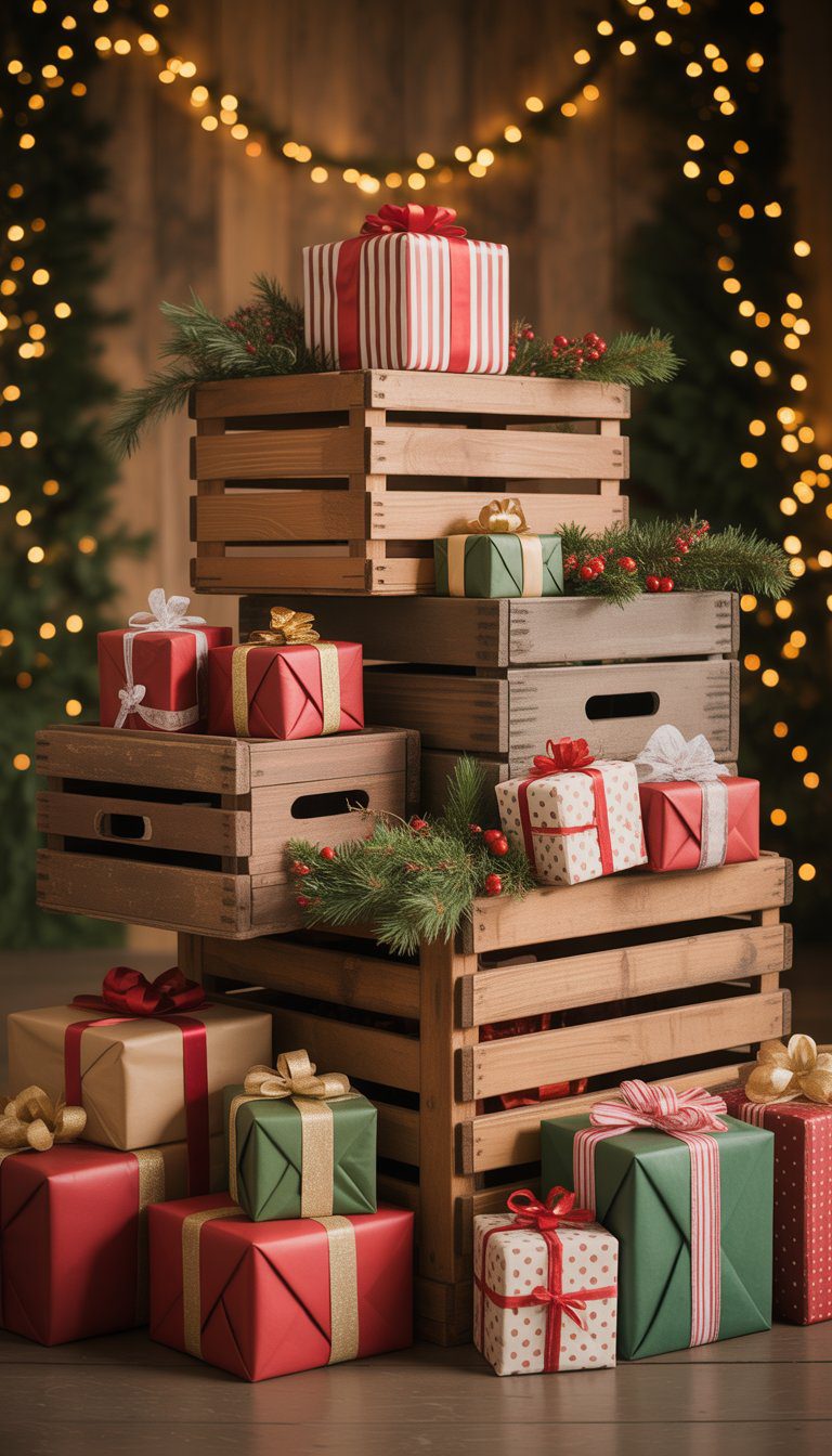 Stacked vintage wooden crates filled with wrapped Christmas gifts on a church stage decorated for the holiday season.