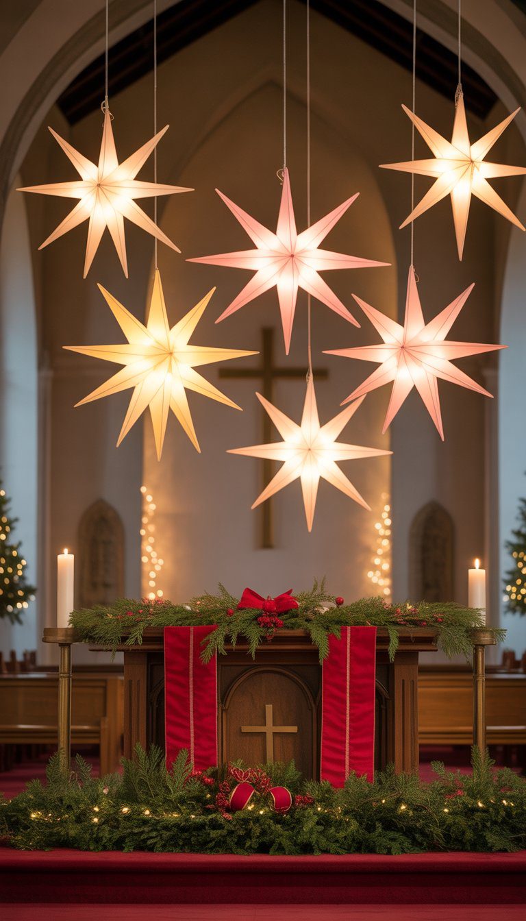 Christmas church stage decorated with star-shaped lanterns hanging above and festive holiday decorations.