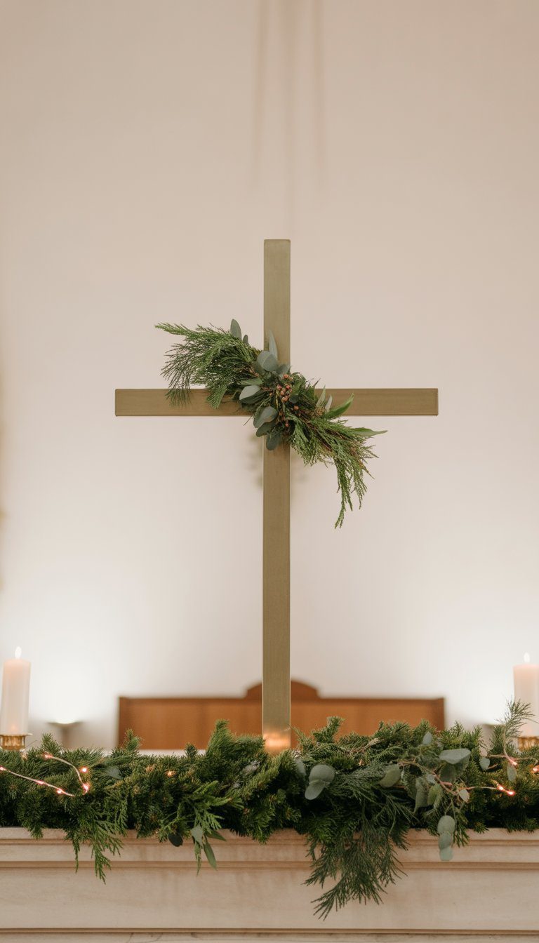A minimalist cross decorated with green garlands on a church stage with soft lighting.