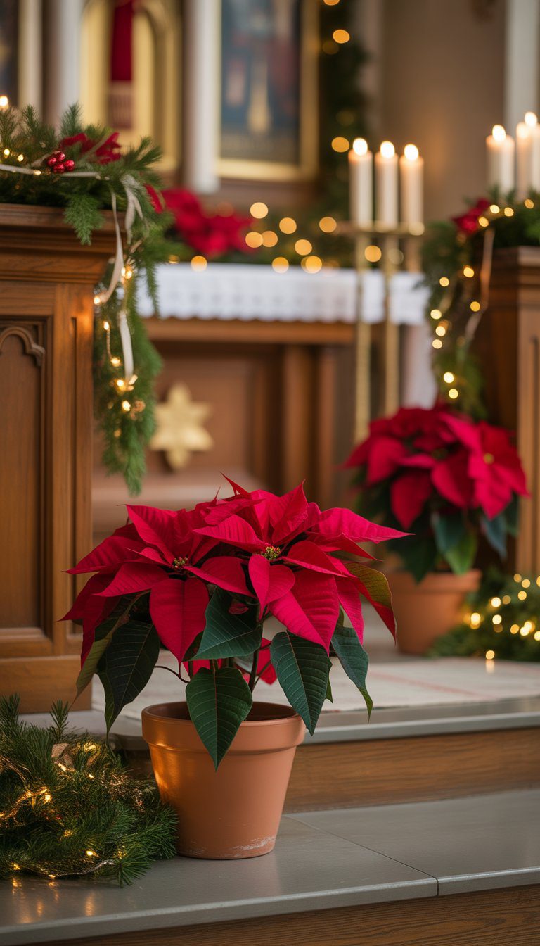 Red poinsettia plants in terracotta pots arranged on a decorated Christmas church stage with warm lighting and festive greenery.