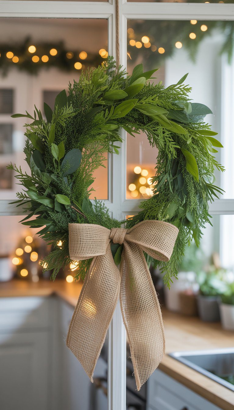 A fresh green wreath with a burlap bow hanging on a kitchen window decorated for Christmas.