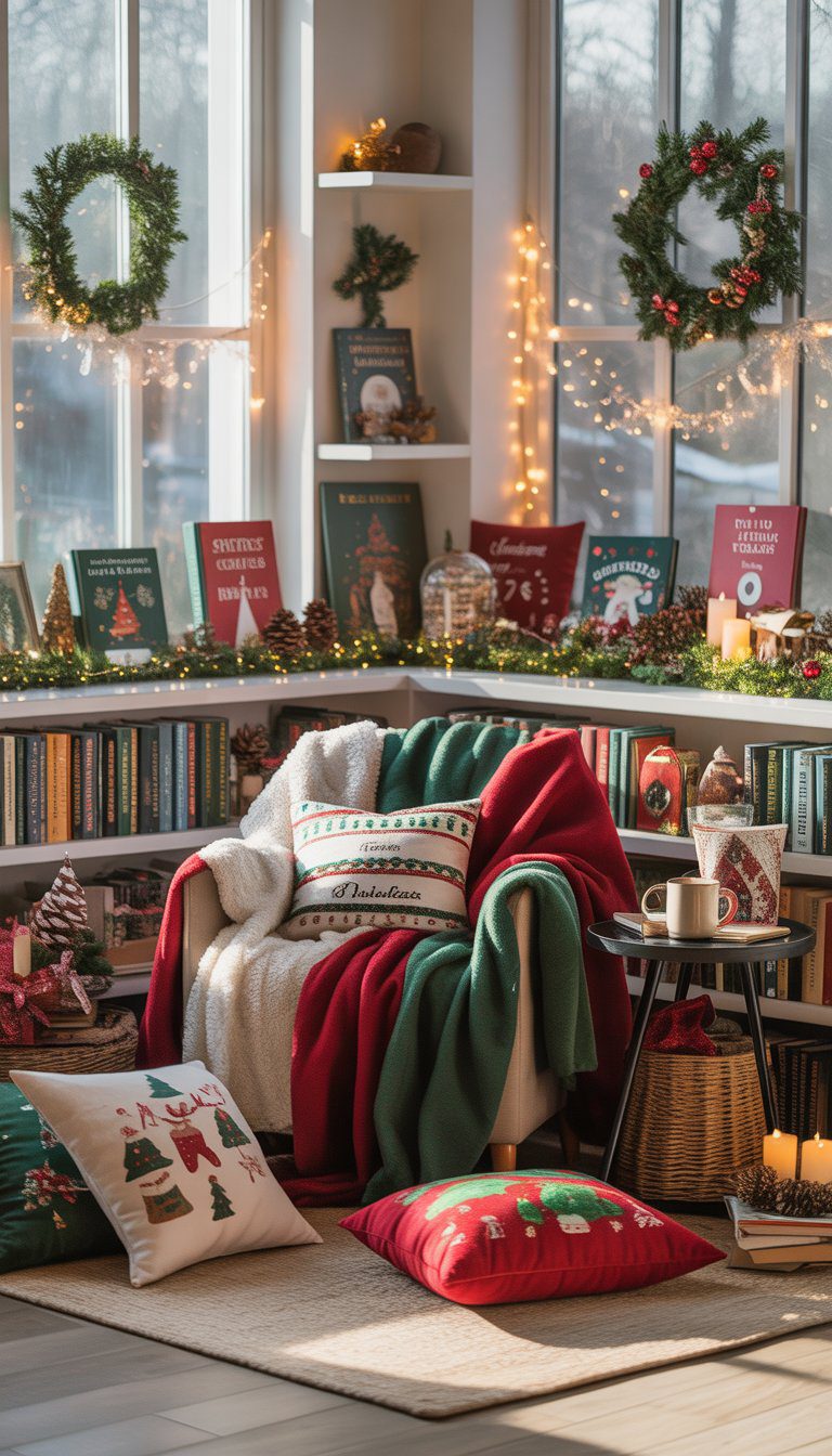 A cozy reading nook in a sunroom decorated with holiday-themed books, plush throws, and Christmas decorations.