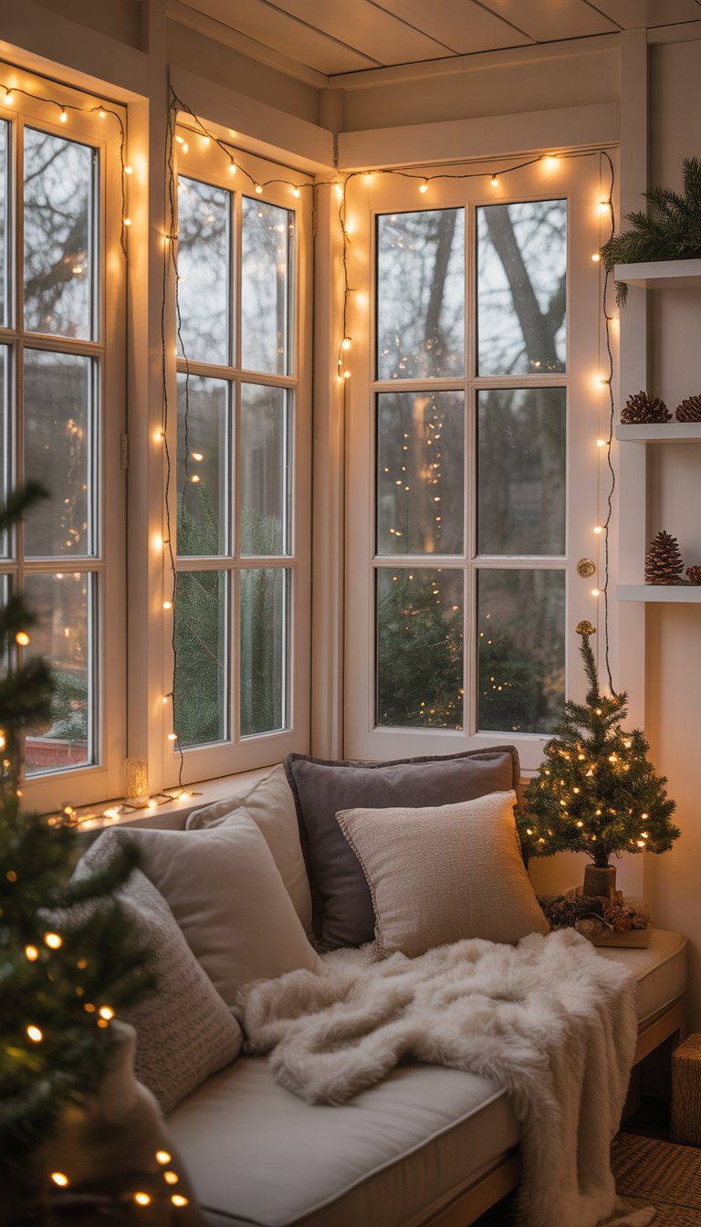 A sunroom decorated for Christmas with warm white fairy lights around windows and door frames, featuring a small Christmas tree and cozy seating.