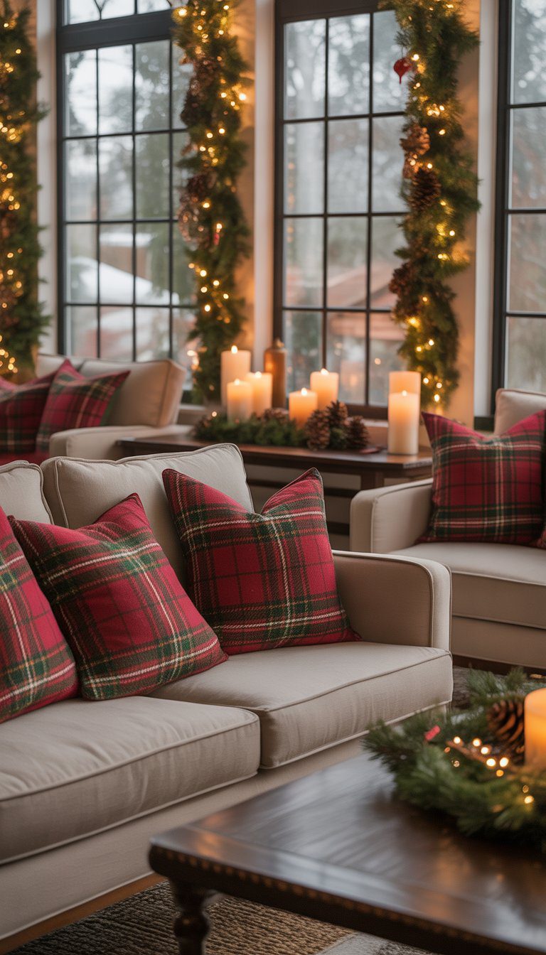 A sunroom with neutral sofas and chairs layered with red and green plaid cushions, decorated with Christmas accents and natural light coming through large windows.