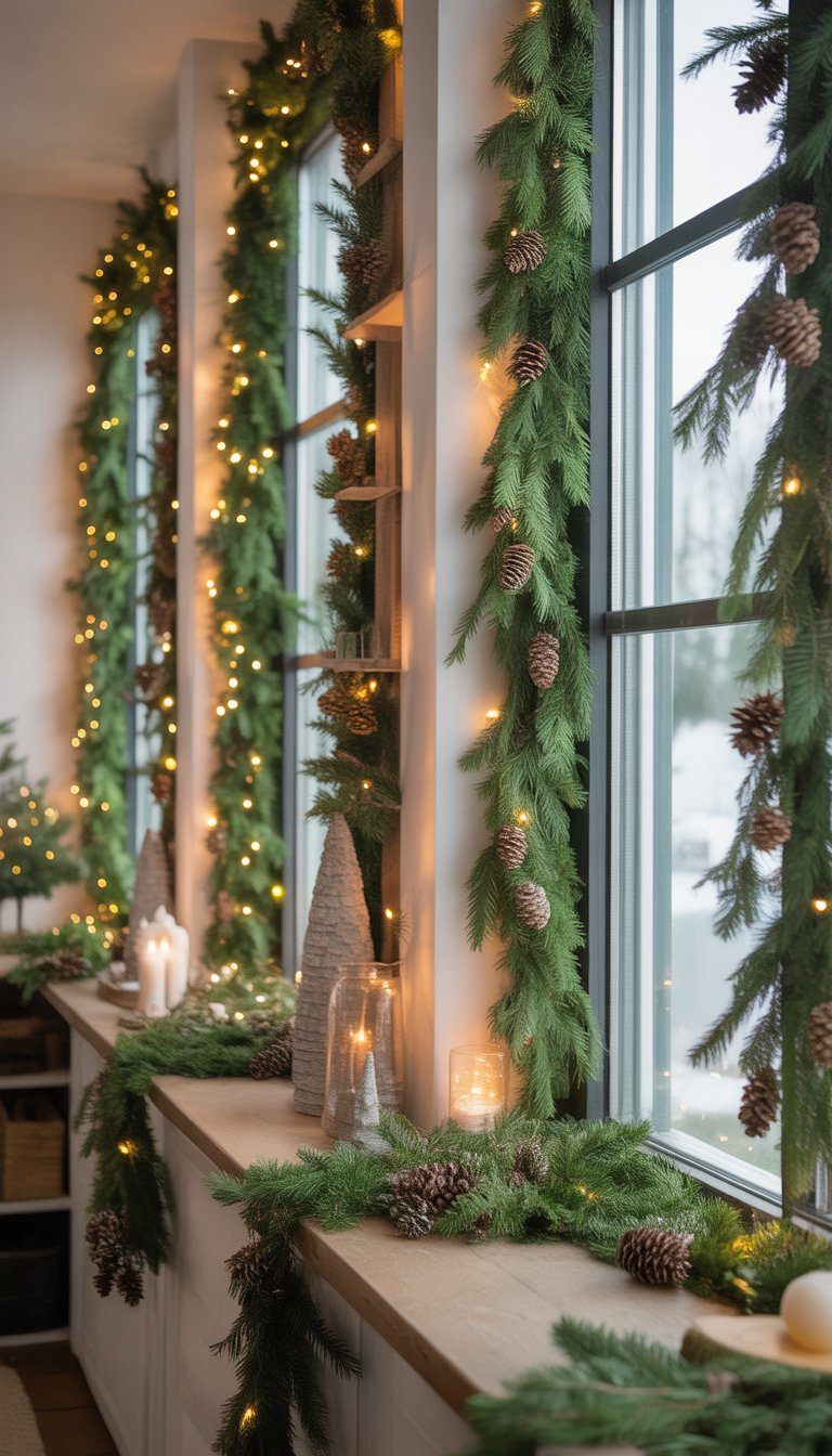 A sunroom decorated for Christmas with pine garlands and tiny pinecones on window sills and shelves, illuminated by natural light.