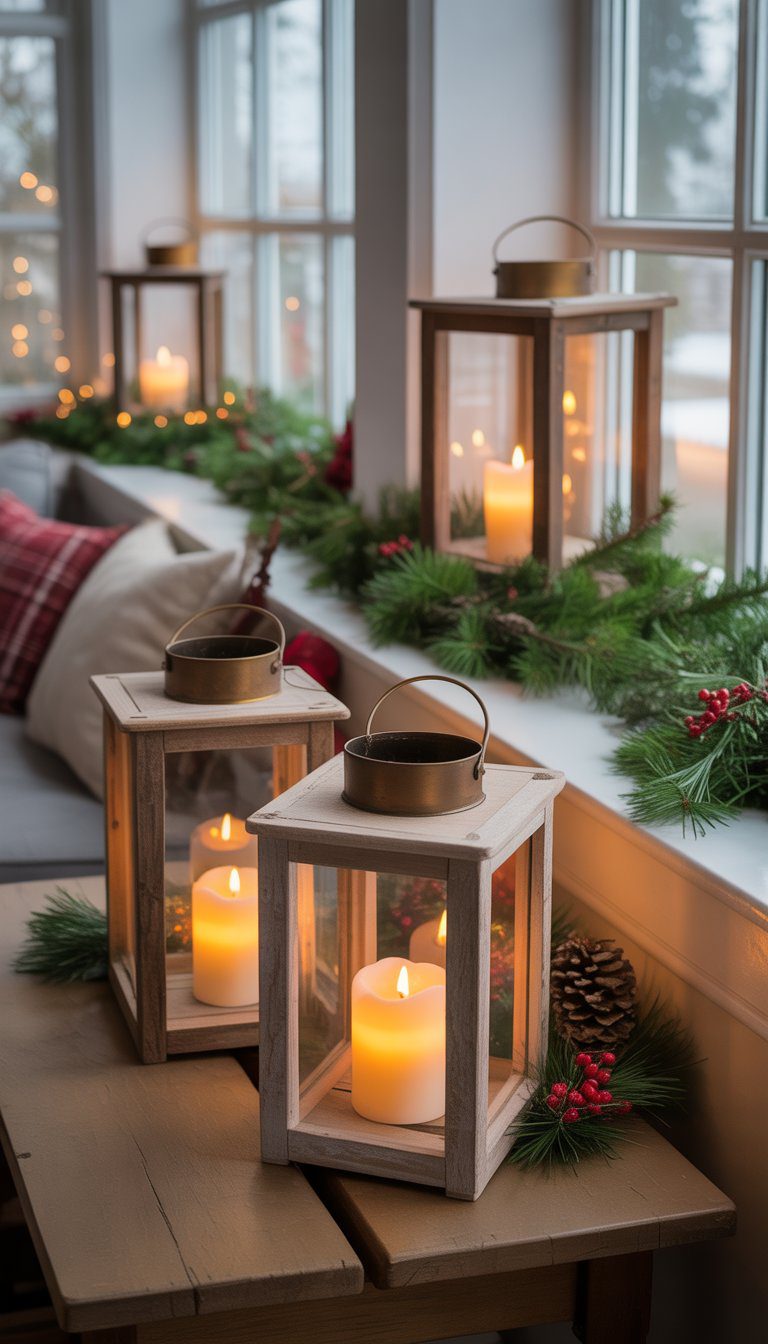 A sunroom decorated for Christmas with rustic wooden lanterns holding glowing battery-operated candles surrounded by festive greenery.