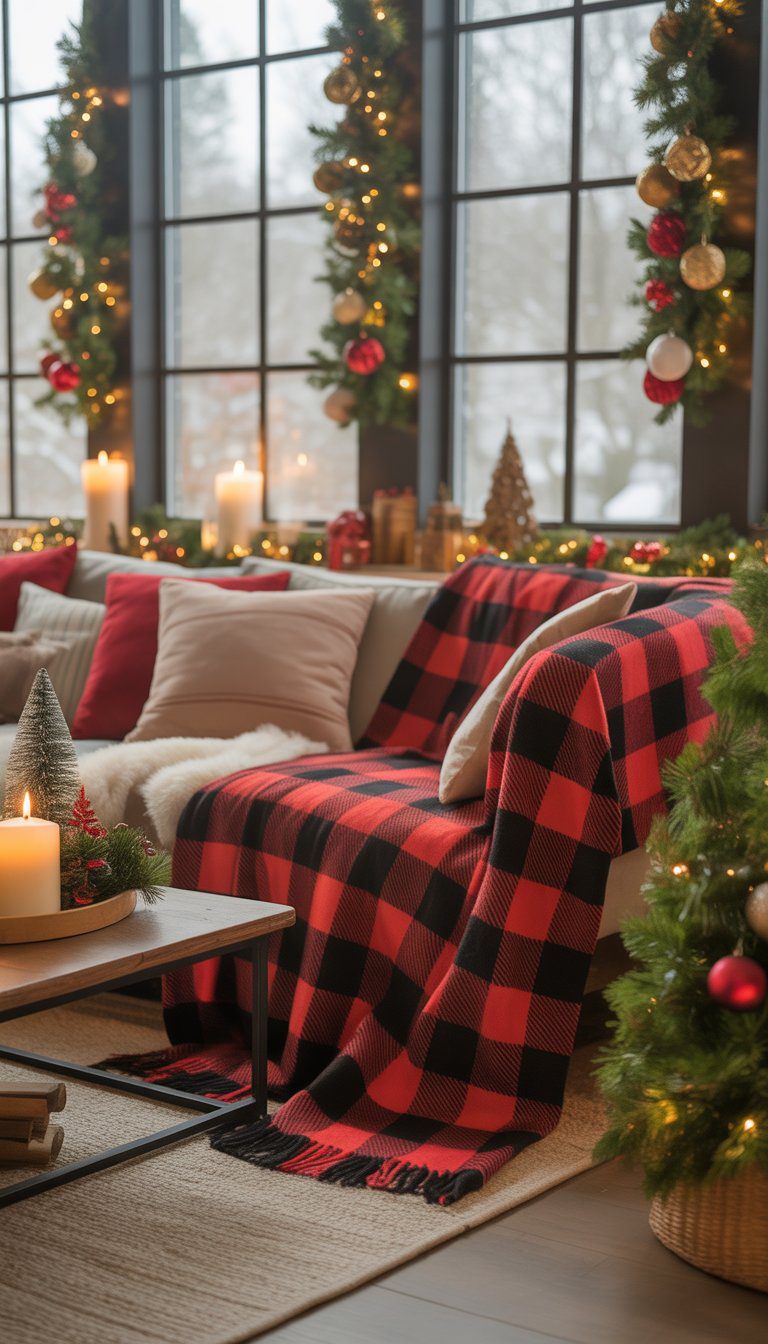 A sunroom decorated for Christmas with a buffalo check throw blanket draped over seating, surrounded by festive holiday decorations and natural light.