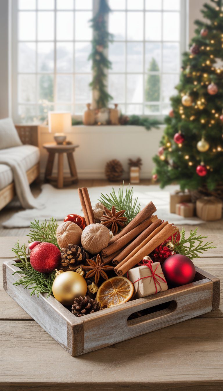 A small rustic wooden tray filled with holiday spices and Christmas ornaments placed in a sunroom decorated for the holidays.