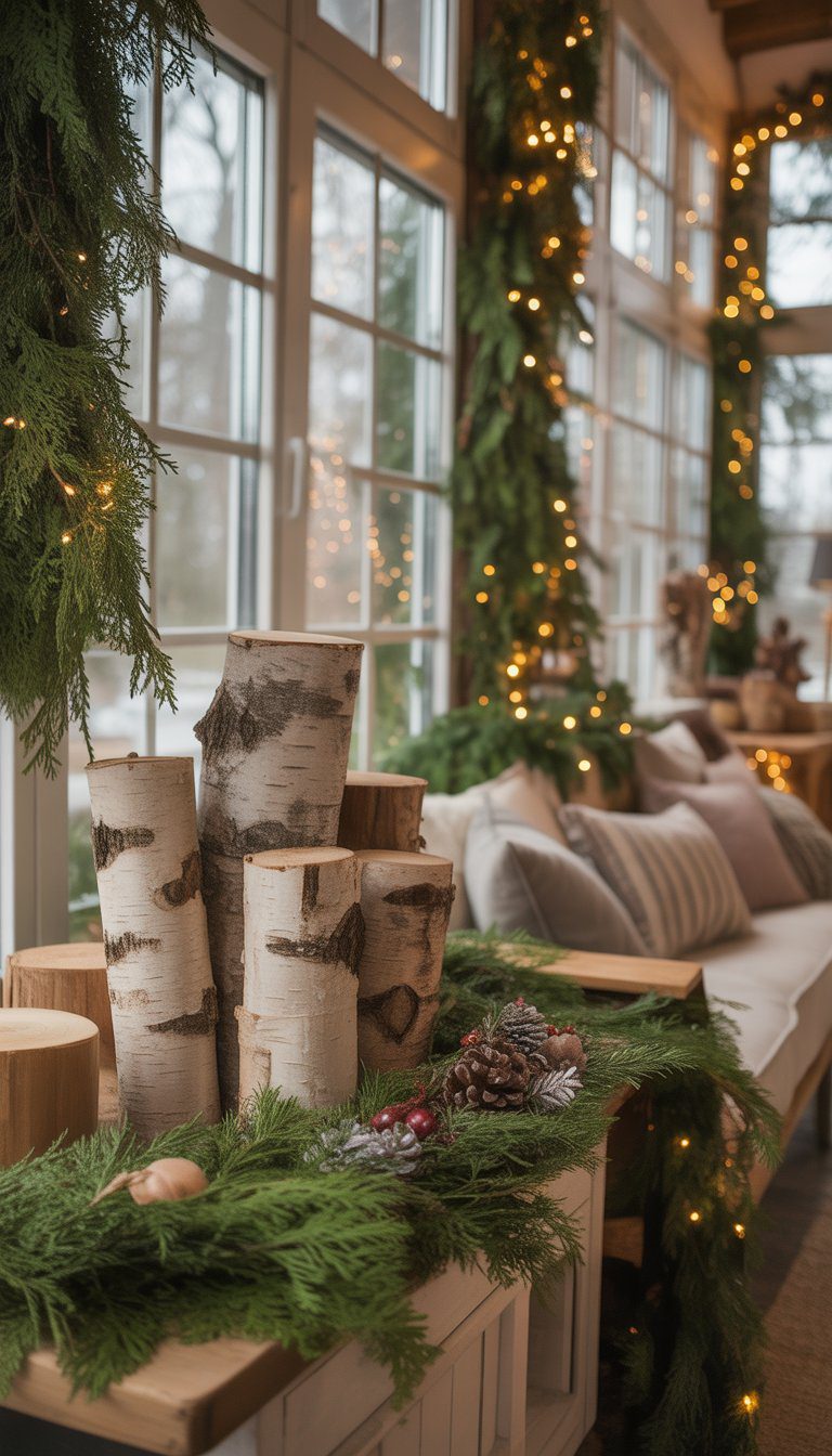 A sunroom decorated for Christmas with birch logs, evergreen branches, pinecones, and cozy seating near large windows.