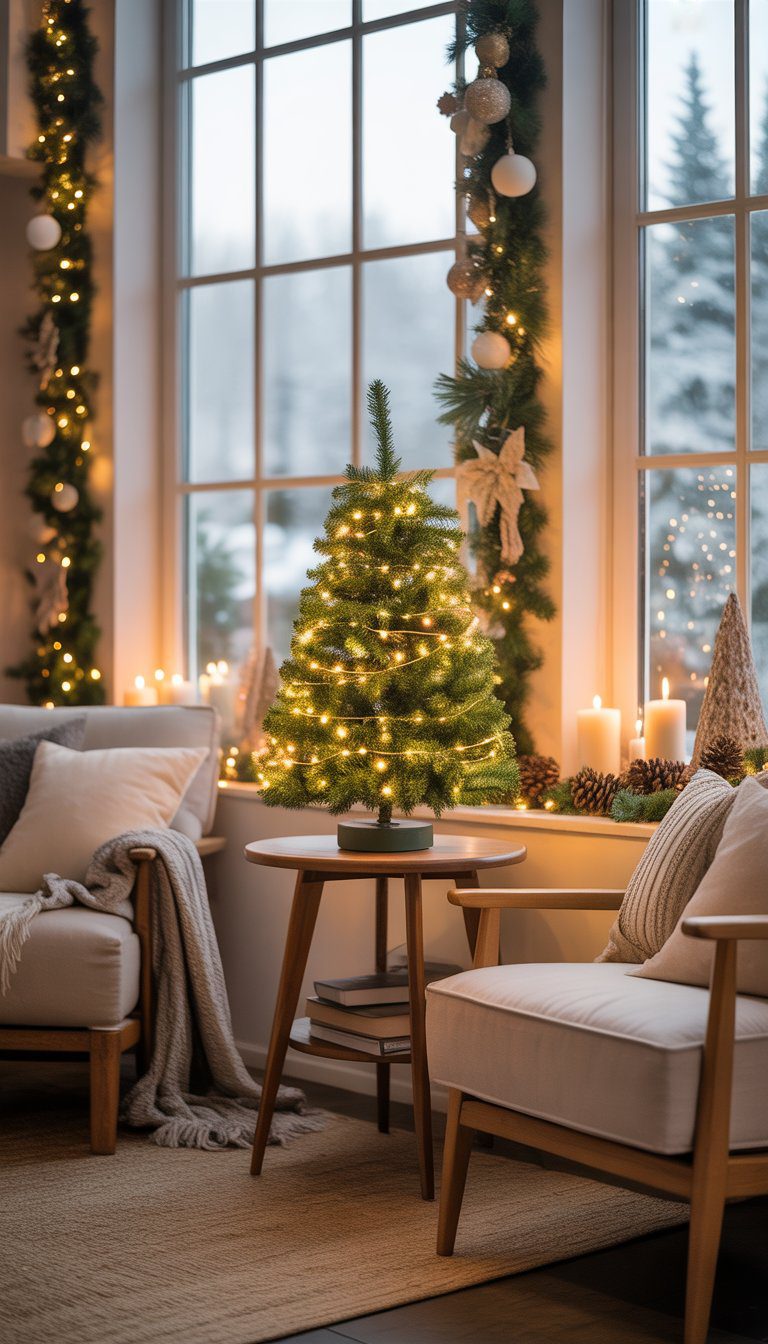 A sunroom decorated for Christmas with a glowing tabletop LED Christmas tree on a wooden side table near a window, surrounded by festive decorations and cozy furniture.