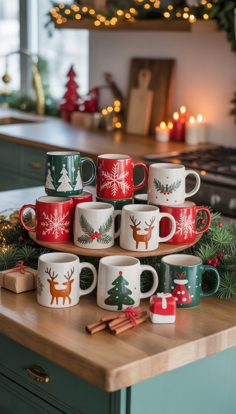Hand-painted ceramic Christmas mugs arranged on a kitchen island with holiday decorations.