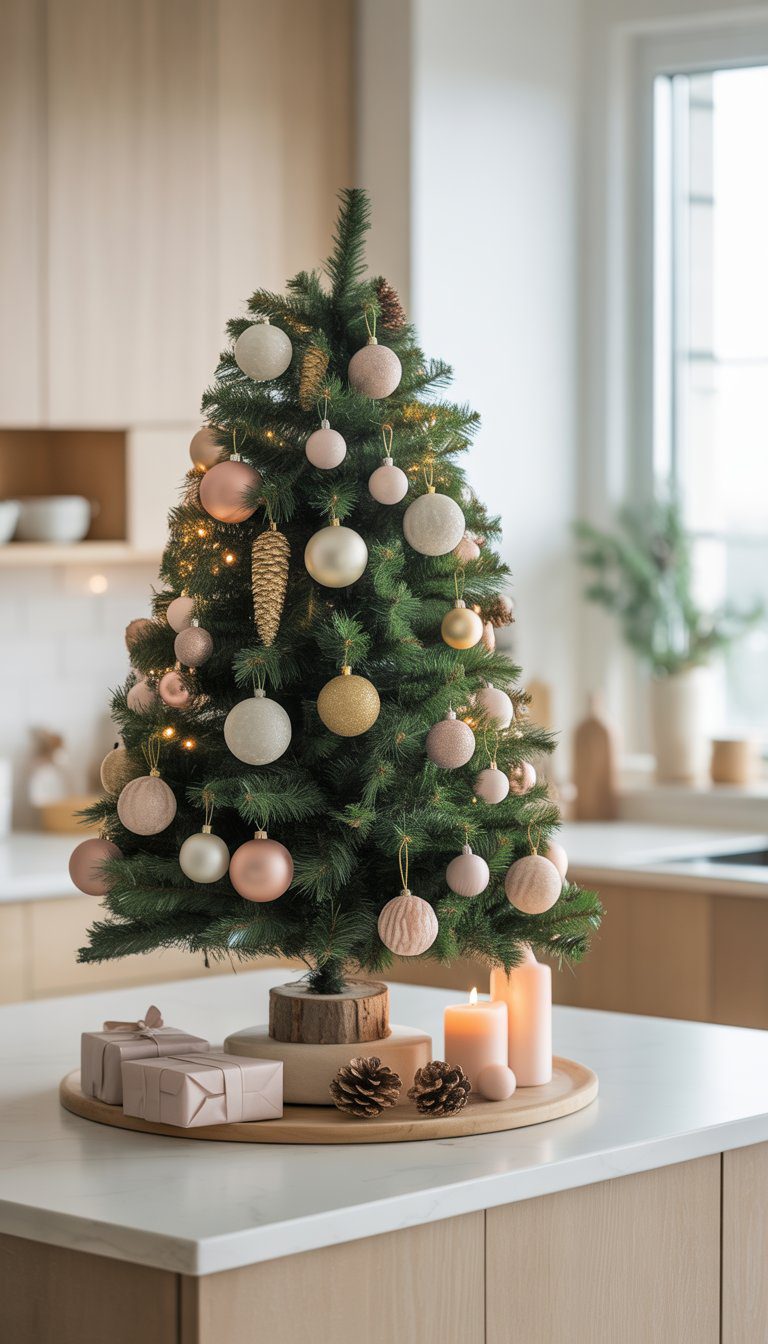 A small decorated Christmas tree on a kitchen island with neutral-toned ornaments and subtle holiday decorations in a modern kitchen.