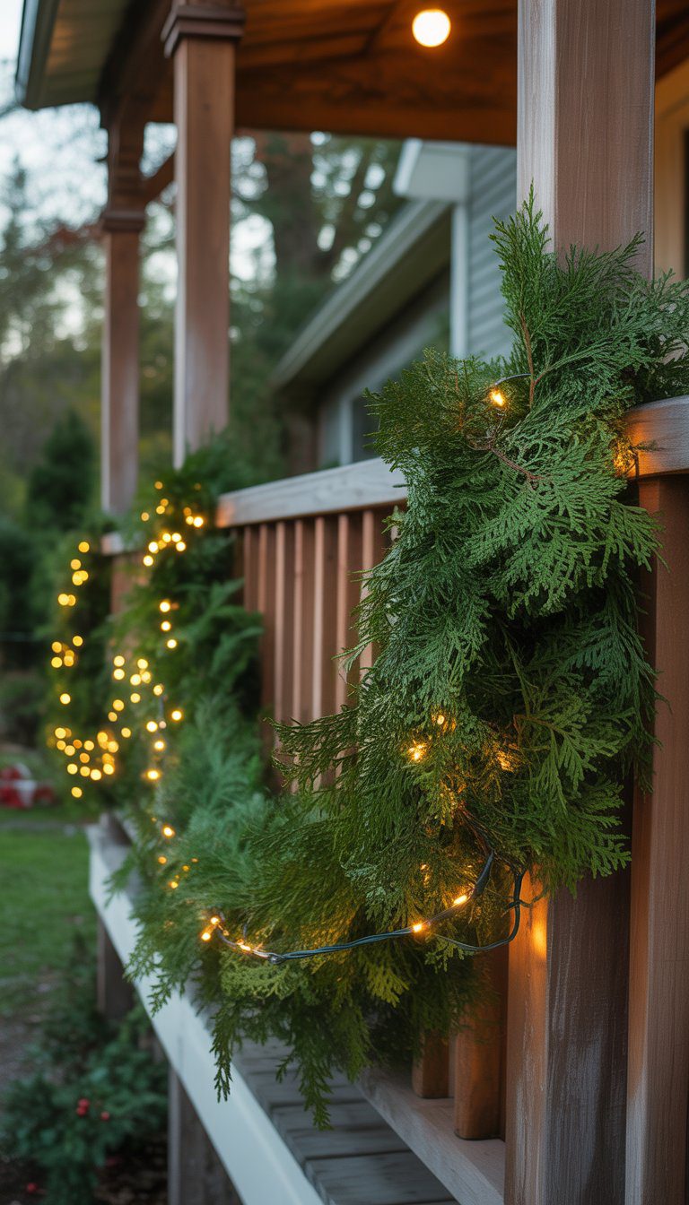 Back porch railing wrapped with green evergreen garlands and warm white fairy lights glowing softly.