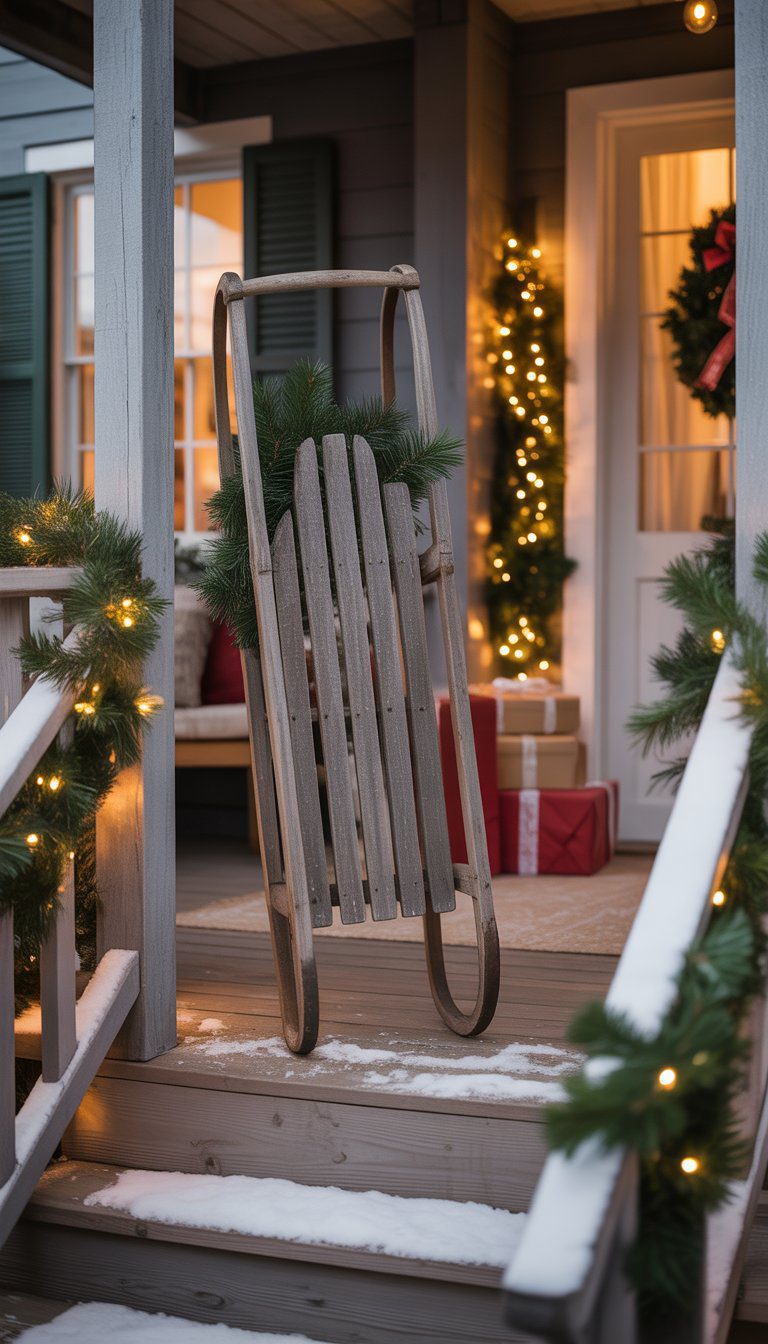 A weathered wooden sled leaning against a porch door surrounded by Christmas decorations on a back porch.