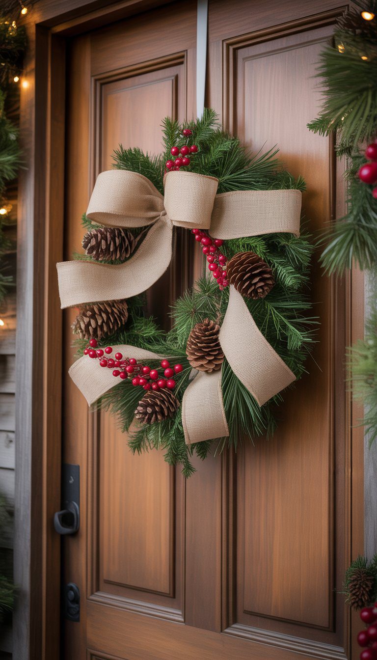 A back porch door with a burlap ribbon wreath decorated with pinecones and red berries hanging on it.
