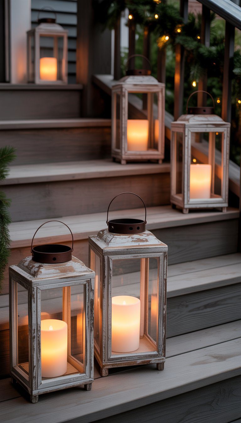 A back porch with rustic lanterns containing flameless candles placed along the steps, creating warm ambient lighting.