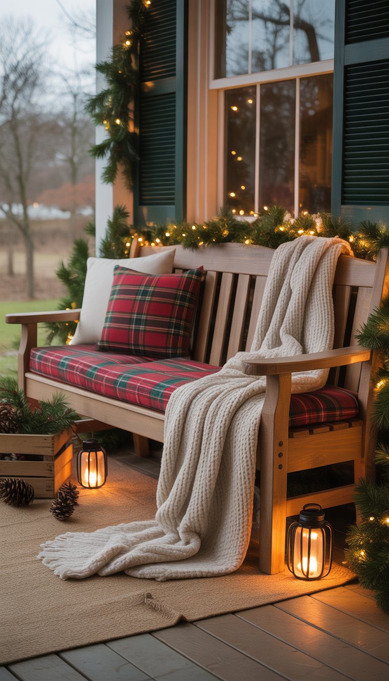 A wooden bench on a porch with plaid cushions and a knitted throw, surrounded by Christmas decorations and warm lighting.