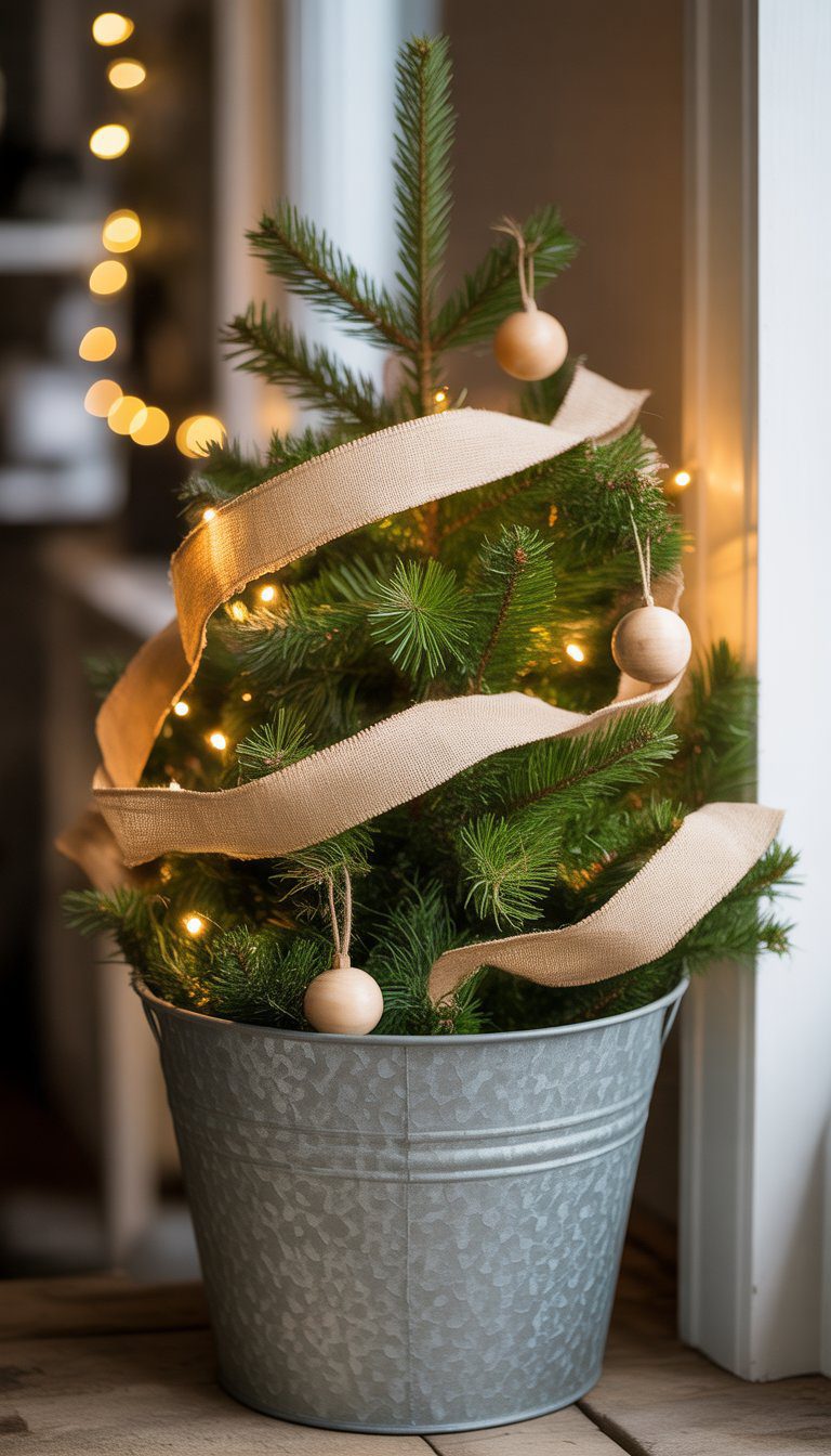 Small Christmas tree in a galvanized metal bucket decorated with burlap and wooden ornaments.