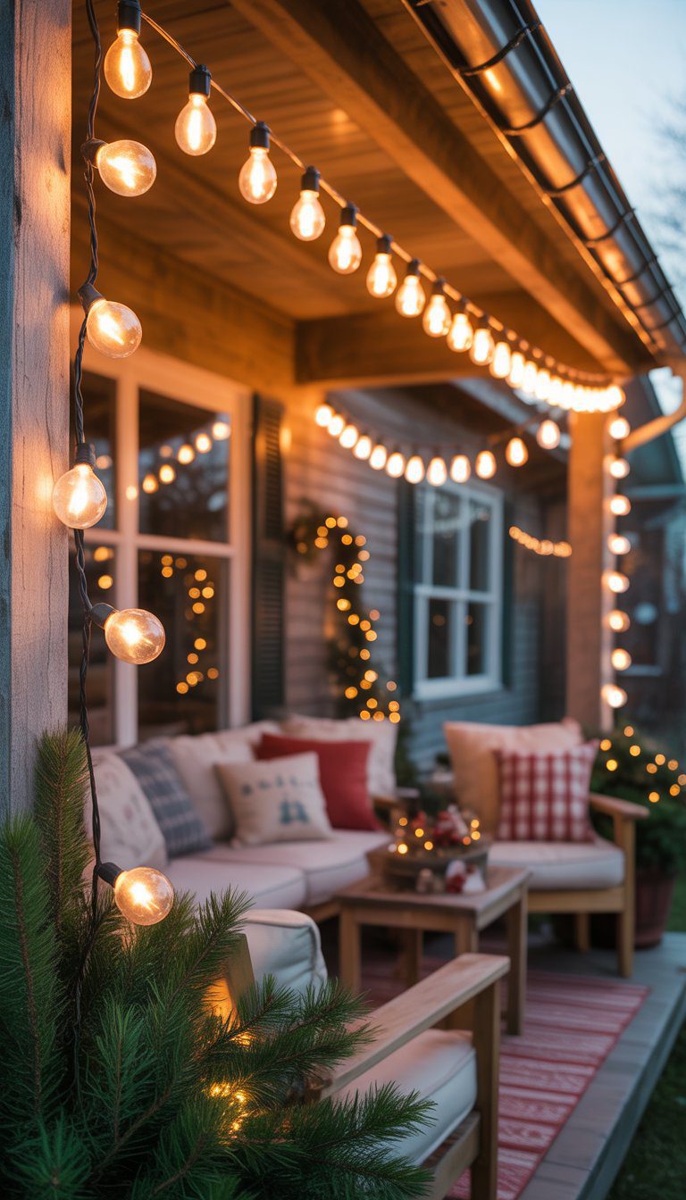 A back porch decorated for Christmas with vintage string lights hanging overhead and festive decorations.