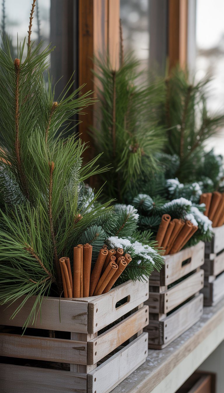 Wooden crate planters filled with pine branches, cinnamon sticks, and faux snow arranged on a back porch for Christmas decoration.