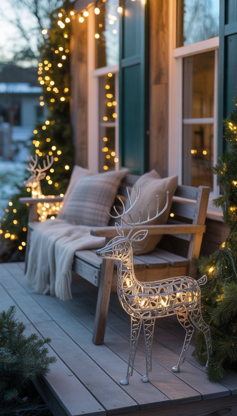 A back porch decorated for Christmas with wooden and metal reindeer figurines, string lights, and evergreen garlands.