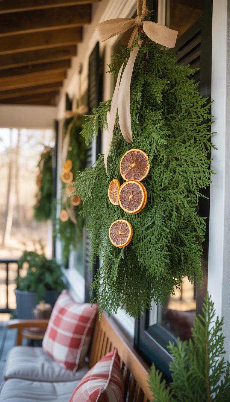 A DIY evergreen swag decorated with ribbons and dried orange slices hanging from a porch ceiling beam.