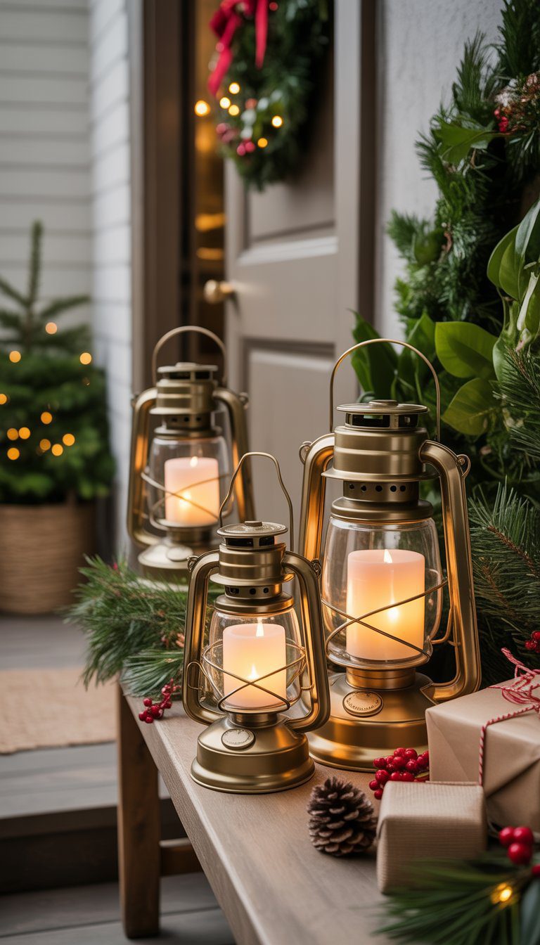 Entryway decorated with vintage brass lanterns containing battery-operated candles, surrounded by Christmas greenery and seasonal decorations.