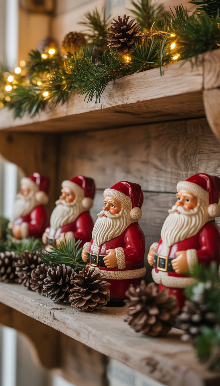 A wooden shelf decorated with pinecones and vintage Santa Claus figurines.