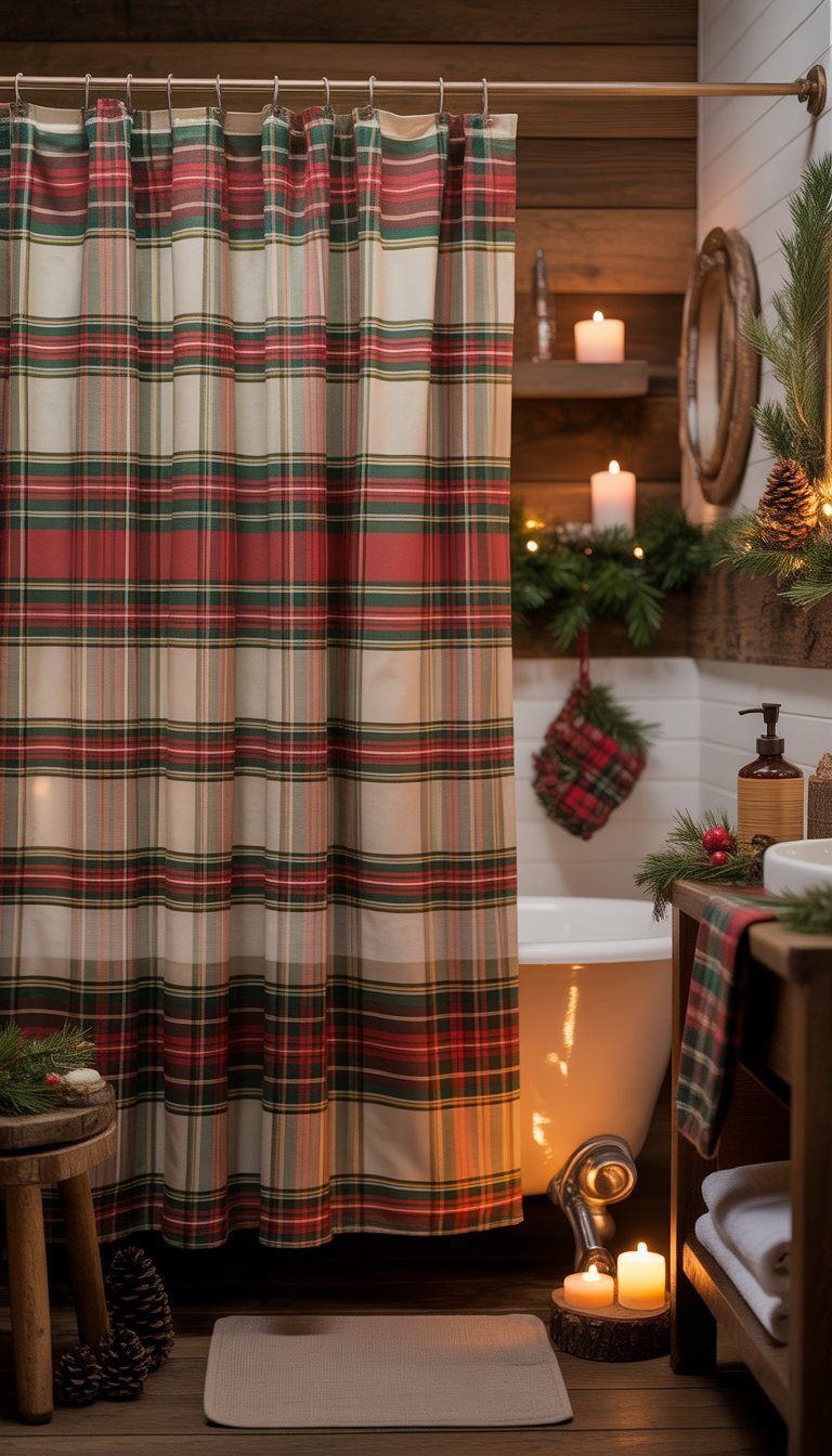 Bathroom with a tartan plaid shower curtain and rustic Christmas decorations including pine cones, evergreen branches, and candles.