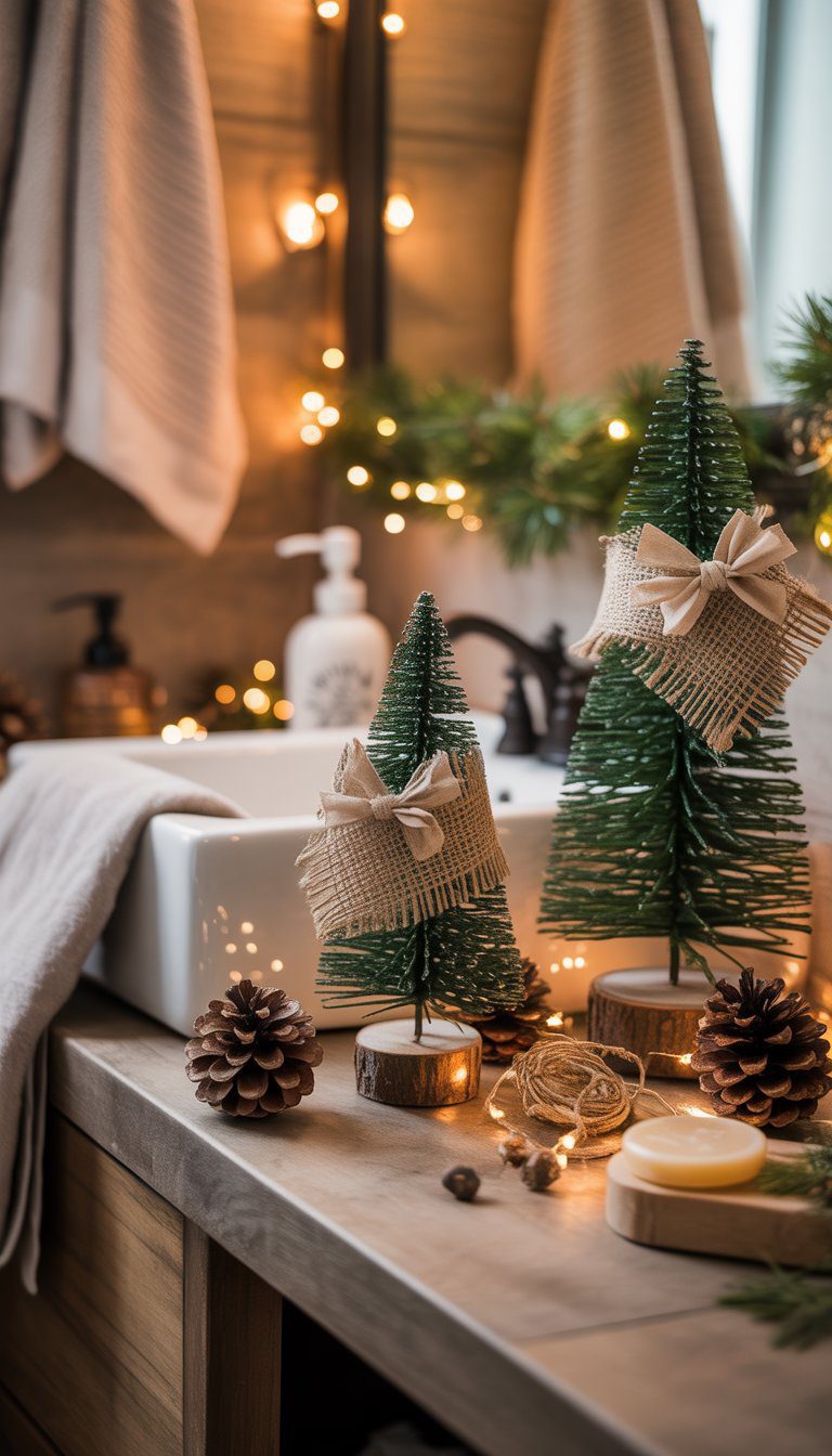 A bathroom decorated for Christmas with small tabletop Christmas trees featuring burlap accents on a wooden surface, surrounded by pine cones and holiday decor.